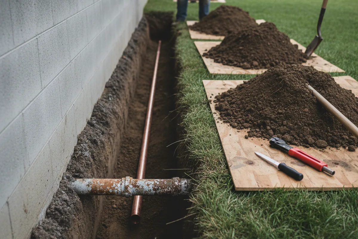 Excavated water line trench during Sewer Line Repair in Thomasboro